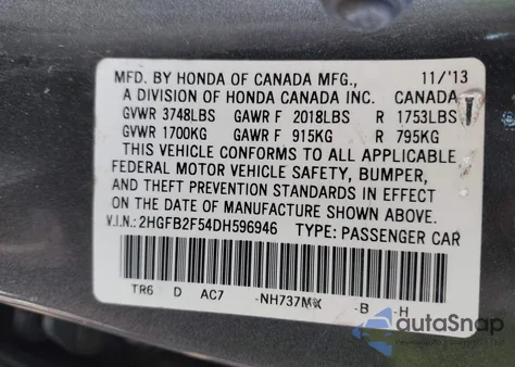 2013 Honda Civic Lx z USA, uszkodzony, nr VIN 2HGFB2F54DH596946